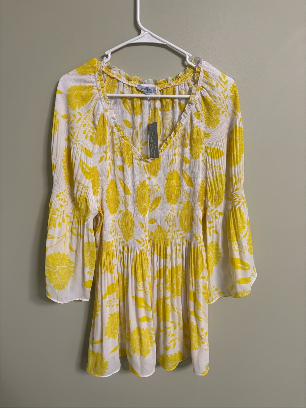 Yellow Floral Boho Peasant Blouse Bell Sleeve Tunic Top Size 2X New V Neck Plus